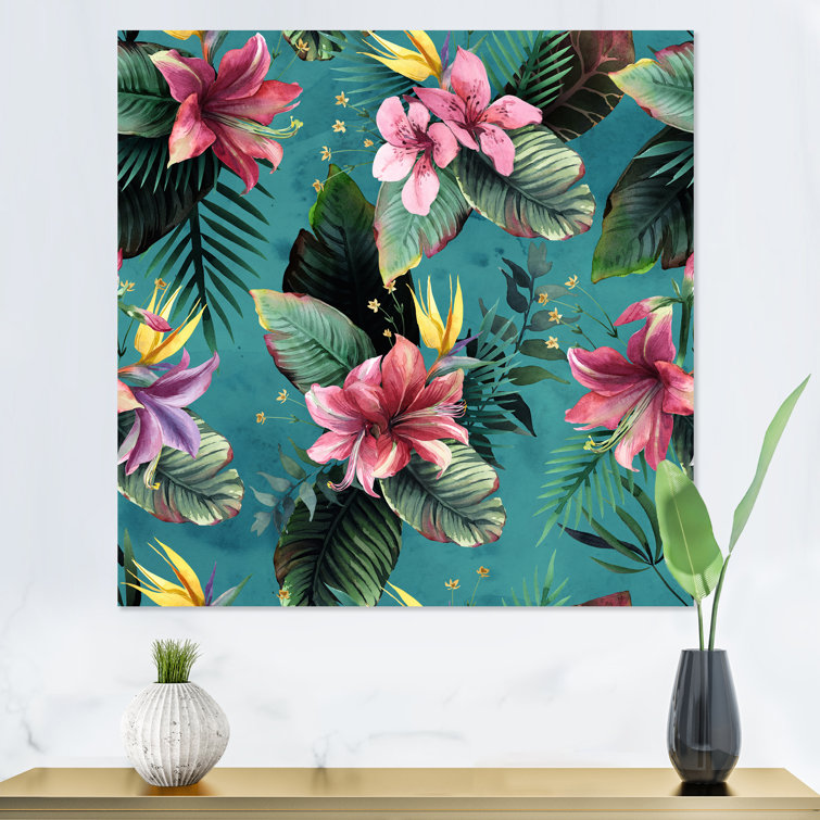 Bless international Pink Tropical Flowers On Teal On Canvas Print